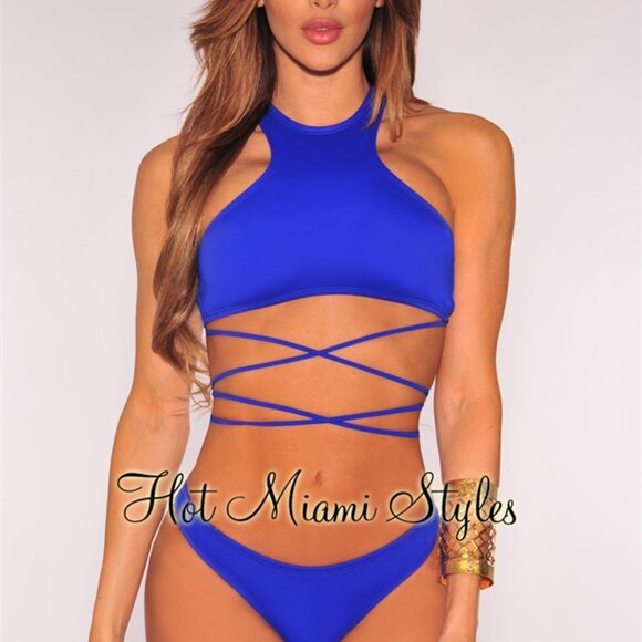 Hot Miami Styles Royal Blue Lace Up Back Thong Bikini - Picture 2 of 8